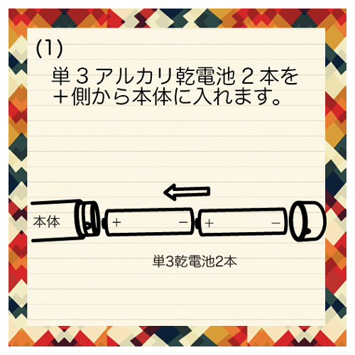 単3アルカリ乾電池2本を＋側から本体に入れます。